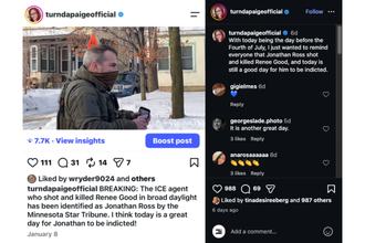 An Instagram post with a photo of a man wearing a mask over the bottom of his face, standing in front of houses with snow-covered lawns.
