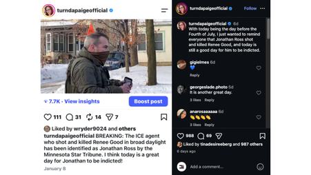 An Instagram post with a photo of a man wearing a mask over the bottom of his face, standing in front of houses with snow-covered lawns.