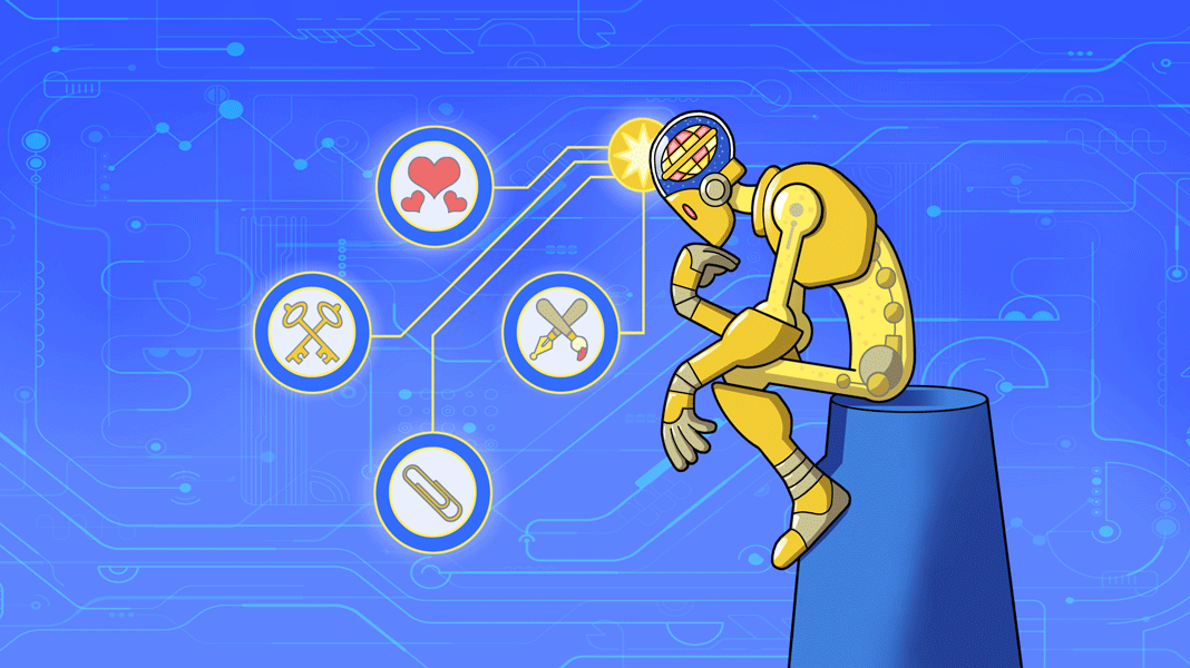 A graphic of a robot with a brain and thought bubbles representing artificial intelligence.