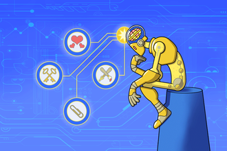 A graphic of a robot with a brain and thought bubbles representing artificial intelligence.