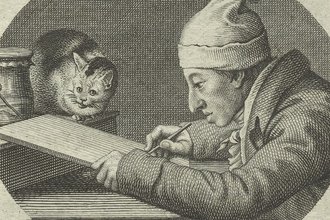 A black-and-white lithograph of a man dressed in an old-fashioned coat and hat, holding a sketch pad at a desk, while a cat looks on from the top of the desk.