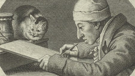 A black-and-white lithograph of a man dressed in an old-fashioned coat and hat, holding a sketch pad at a desk, while a cat looks on from the top of the desk.
