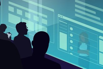 A group of figures studying a person on a screen with translucent computer windows, with an uncomfortable person behind them.