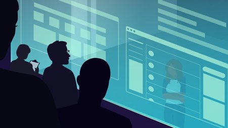 A group of figures studying a screen with translucent computer windows, with an uncomfortable person behind them.