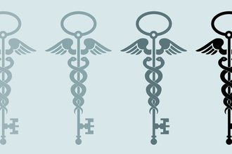 Medical snake symbols. In each symbol two snakes encircle a key.
