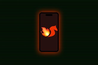 A glowing red phone with a horned horse-like creature with flames for wings on the screen, against a backdrop of a green and black striped grid.