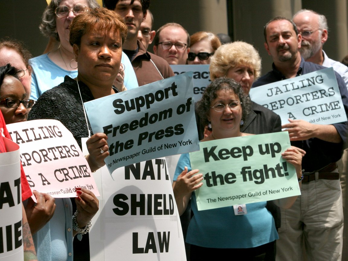 A union organized demonstration of news media personnel and supporters gathered to protest the potential jailing of two reporters, Wednesday July 6, 2005 in New York.