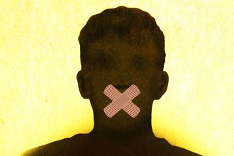 Outline of person with band-aids over mouth on a yellow background
