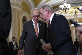 Chuck Schumer, left, and Dick Durbin at the Capitol in Washington, Feb. 28, 2023