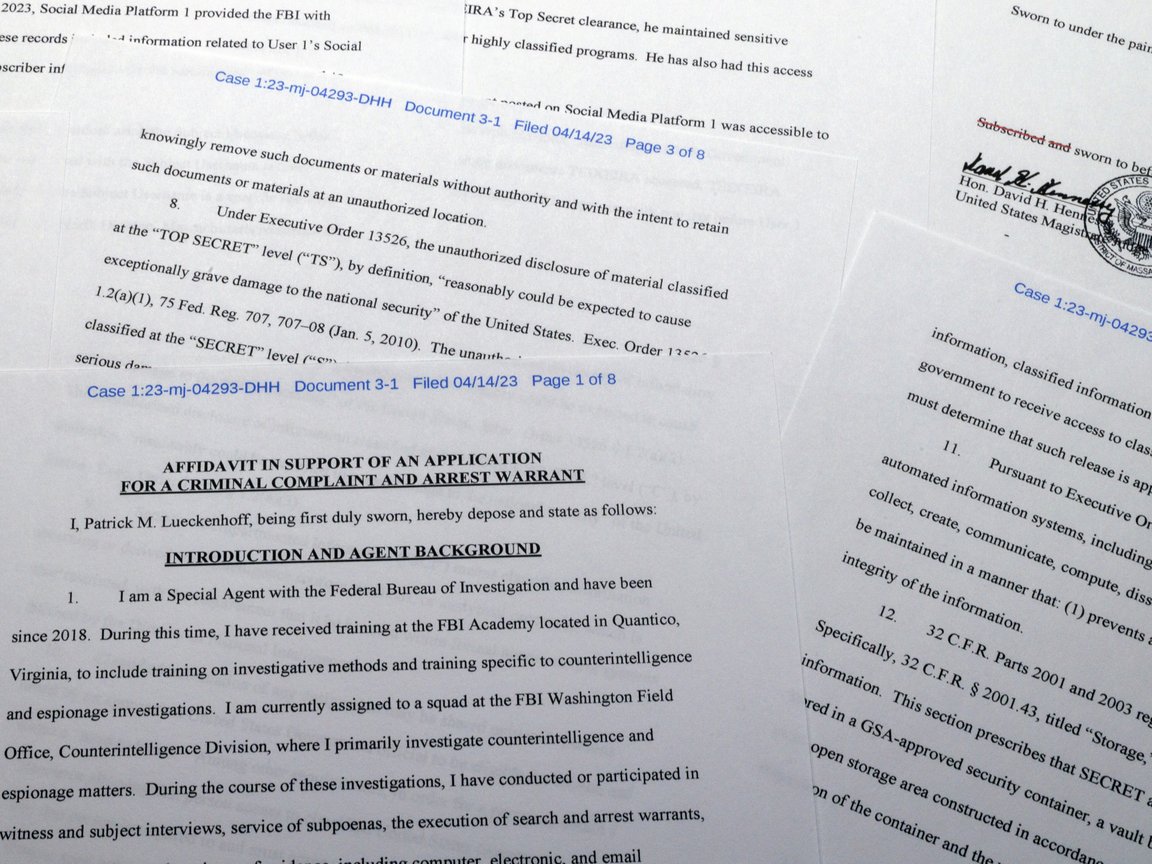 An affidavit in support of a criminal complaint and arrest warrant against a man accused in the leak of highly classified military documents.
