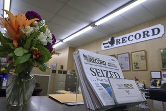 Floral arrangement for Joan Meyer at the Marion County Record newspaper today
