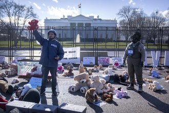 Demonstrators wearing press gear outside the White House earlier this year as they protest Israel’s killing of journalists - AP24013626540701
