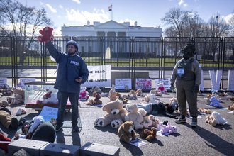 Demonstrators wearing press gear outside the White House earlier this year as they protest Israel’s killing of journalists.