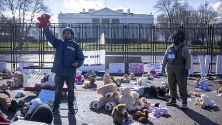 Demonstrators wearing press gear outside the White House earlier this year as they protest Israel’s killing of journalists.