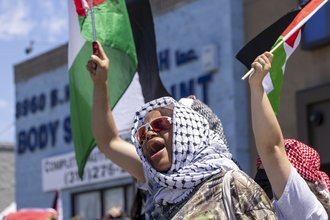 A pro-Palestinian protester near Adas Torah synagogue on June 23, 2024, in Los Angeles.