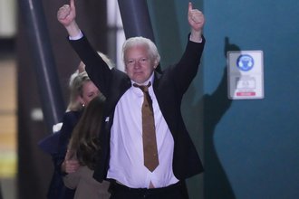 WikiLeaks founder Julian Assange after landing at RAAF air base Fairbairn in Canberra, Australia, June 26 2024