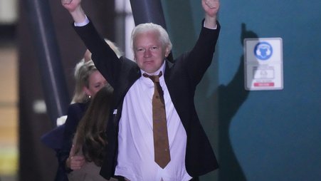 WikiLeaks founder Julian Assange after landing at RAAF air base Fairbairn in Canberra, Australia, June 26 2024