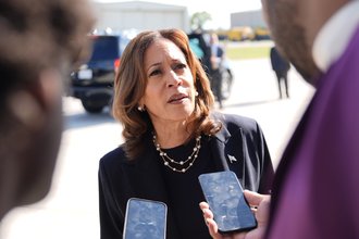 Democratic presidential nominee Vice President Kamala Harris talks to the media in Michigan on Aug. 8, 2024.