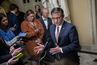 House Speaker Mike Johnson speaks to reporters on Sept. 25, 2024