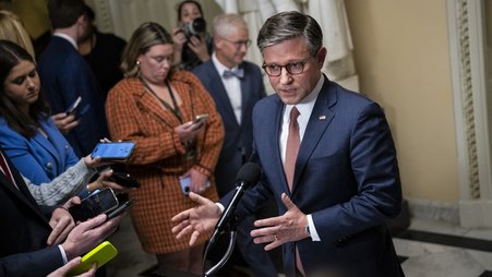 House Speaker Mike Johnson speaks to reporters on Sept. 25, 2024