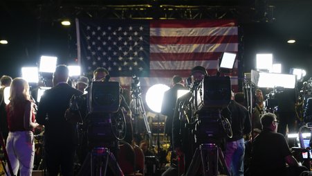 Members of media work at an election night campaign watch party for Donald Trump on Nov. 5, 2024, in West Palm Beach, Florida. (AP Photo/Alex Brandon)