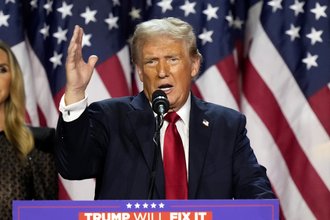 Donald Trump speaks at an election night watch party, Nov. 6, 2024, in West Palm Beach, Fla