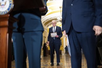 Senate Majority Leader Chuck Schumer at a news conference by Senate Democrats after the presidential election.