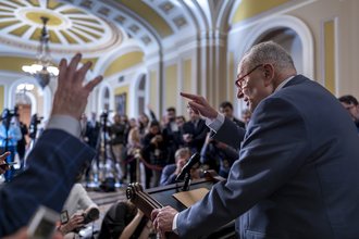 Senate Majority Leader Chuck Schumer takes questions from reporters on Dec. 17, 2024