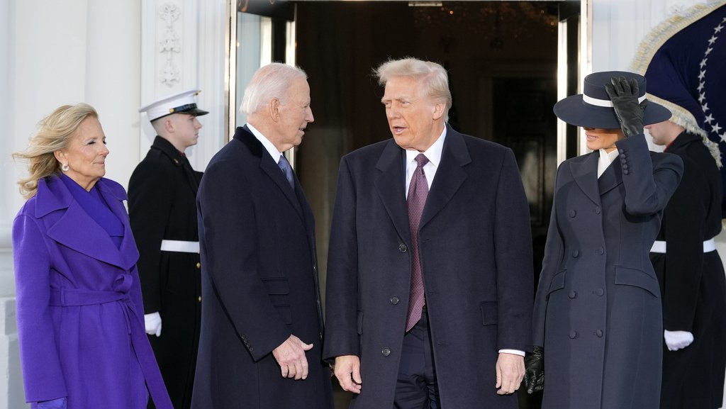 President-elect Donald Trump and Melania Trump are greeted by President Joe Biden and first lady Jill Biden, upon their arrival at the White House, Monday, Jan. 20, 2025, in Washington.