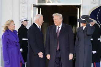 President-elect Donald Trump and Melania Trump are greeted by President Joe Biden and first lady Jill Biden, upon their arrival at the White House, Monday, Jan. 20, 2025, in Washington.