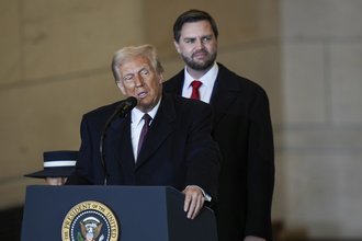 President Donald Trump delivers remarks during inauguration ceremonies on Jan. 19.