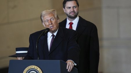 President Donald Trump delivers remarks during inauguration ceremonies on Jan. 19.