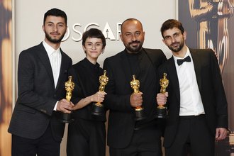 Winners of the award for best documentary feature film for "No Other Land," in the press room at the Oscars on March 2, 2025.