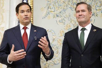 Secretary of State Marco Rubio, left, and national security adviser Michael Waltz talk to reporters on March 11, 2025