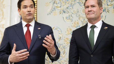 Secretary of State Marco Rubio, left, and national security adviser Michael Waltz talk to reporters on March 11, 2025
