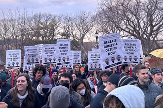 Protesters gather in March to demand the release of Rümeysa Öztürk, a Tufts University student arrested for writing an anti-war op-ed