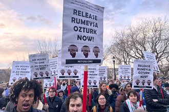 Protesters gathered, demanding the release of Tufts University graduate student Rumeysa Ozturk on March 26, 2025, in Somerville, Massachusetts.