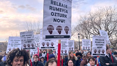Protesters gathered, demanding the release of Tufts University graduate student Rumeysa Ozturk on March 26, 2025, in Somerville, Massachusetts.