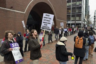 Protesters demand Rümeysa Öztürk’s release at a Boston demonstration in April 2025