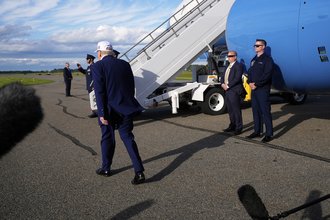 Donald Trump walks to board Air Force One after speaking to reporters in Morristown, New Jersey, on May 25, 2025