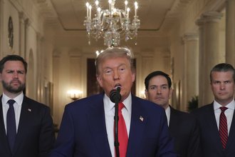President Donald Trump speaks from the East Room of the White House in Washington, June 21, 2025, after the U.S. military struck three Iranian nuclear and military sites