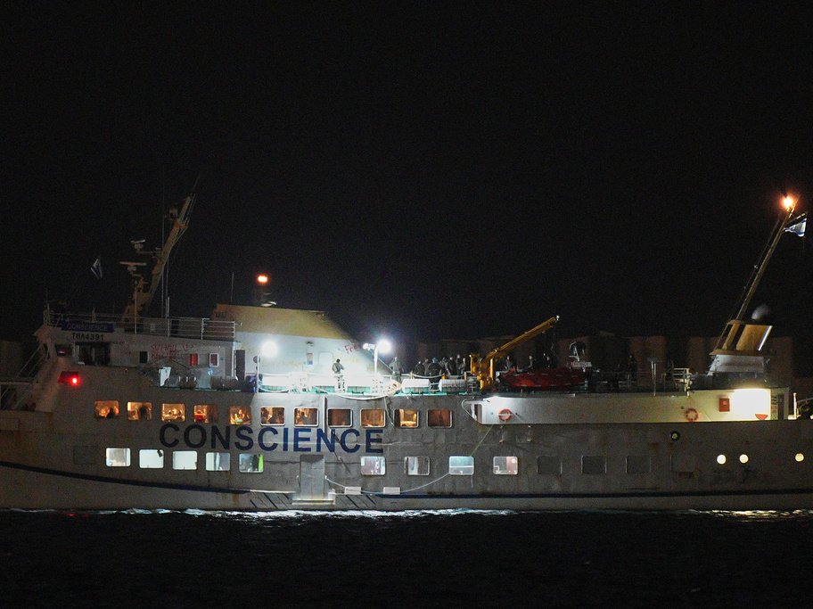 One of the boats from the civilian Gaza-bound Freedom Flotilla Coalition and Thousand Madleens to Gaza, enters Ashdod Port in southern Israel, after being seized by Israeli Navy forces, Oct. 8, 2025