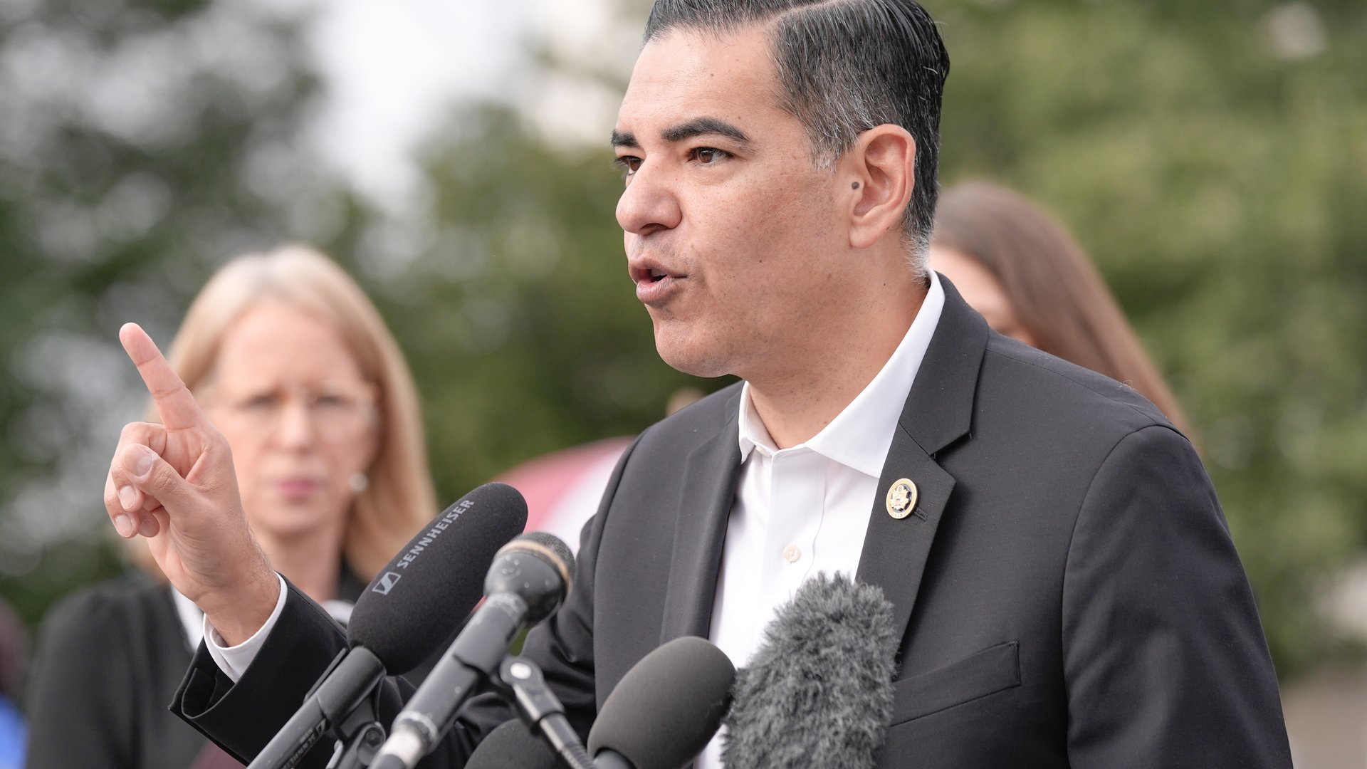 Rep. Robert Garcia speaks at a news conference.