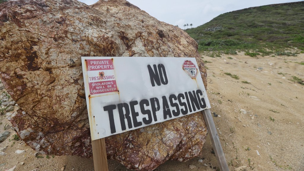 A “no trespassing sign” on one of Jeffrey Epstein’s islands on the U.S. Virgin Islands.