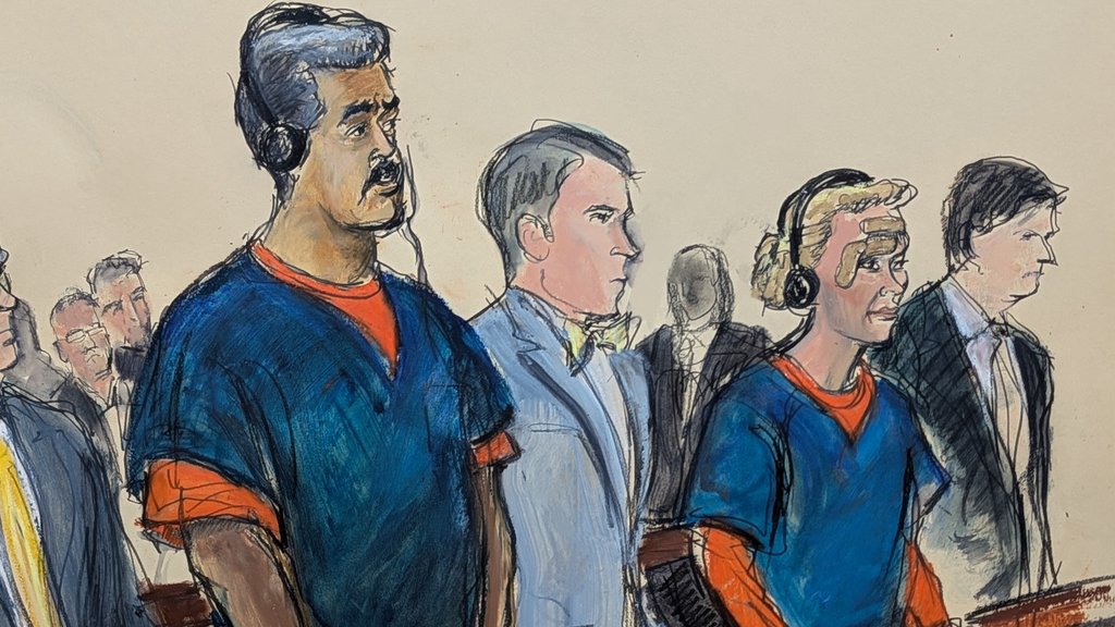 A courtroom sketch of Venezuelan President Nicolas Maduro, his wife, Cilia Flores, and their lawyers from a hearing on Jan. 5 in federal court in Manhattan.