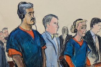 A courtroom sketch of Venezuelan President Nicolas Maduro, his wife, Cilia Flores, and their lawyers from a hearing on Jan. 5 in federal court in Manhattan.
