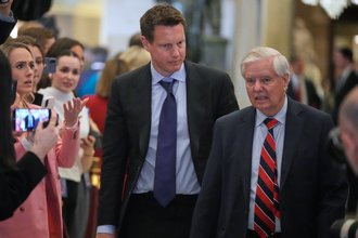 Paramount Skydance chairman David Ellison arrives with Sen. Lindsey Graham to President Donald Trump’s State of the Union address in February 2026