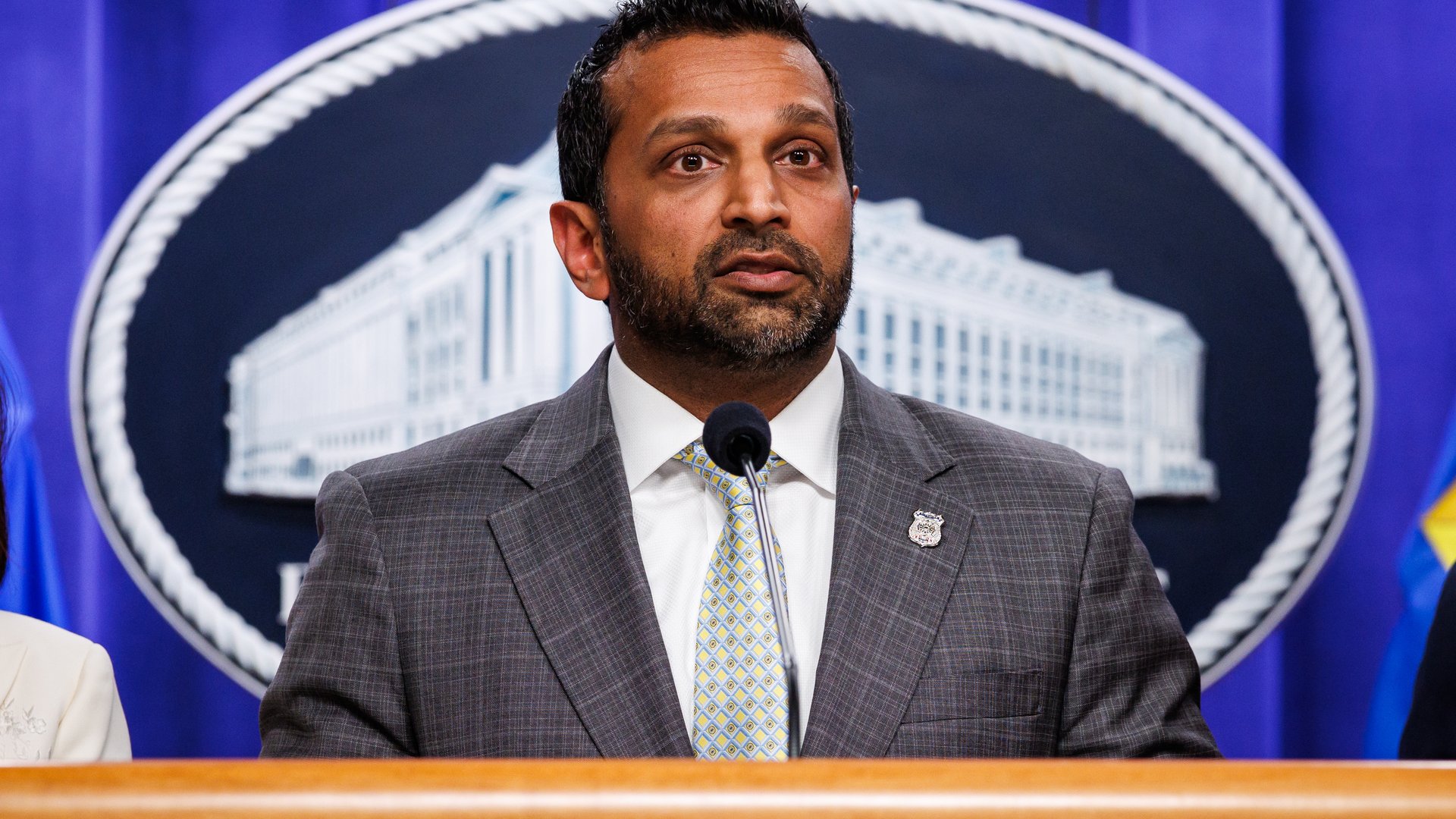 FBI Director Kash Patel is pictured speaking during a news conference