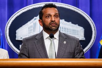 FBI Director Kash Patel is pictured speaking during a news conference