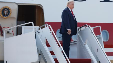 President Donald Trump boards the newly designated Air Force One, a formerly Qatari-owned jumbo jet, at Joint Base Andrews, Md., on July 1, 2026